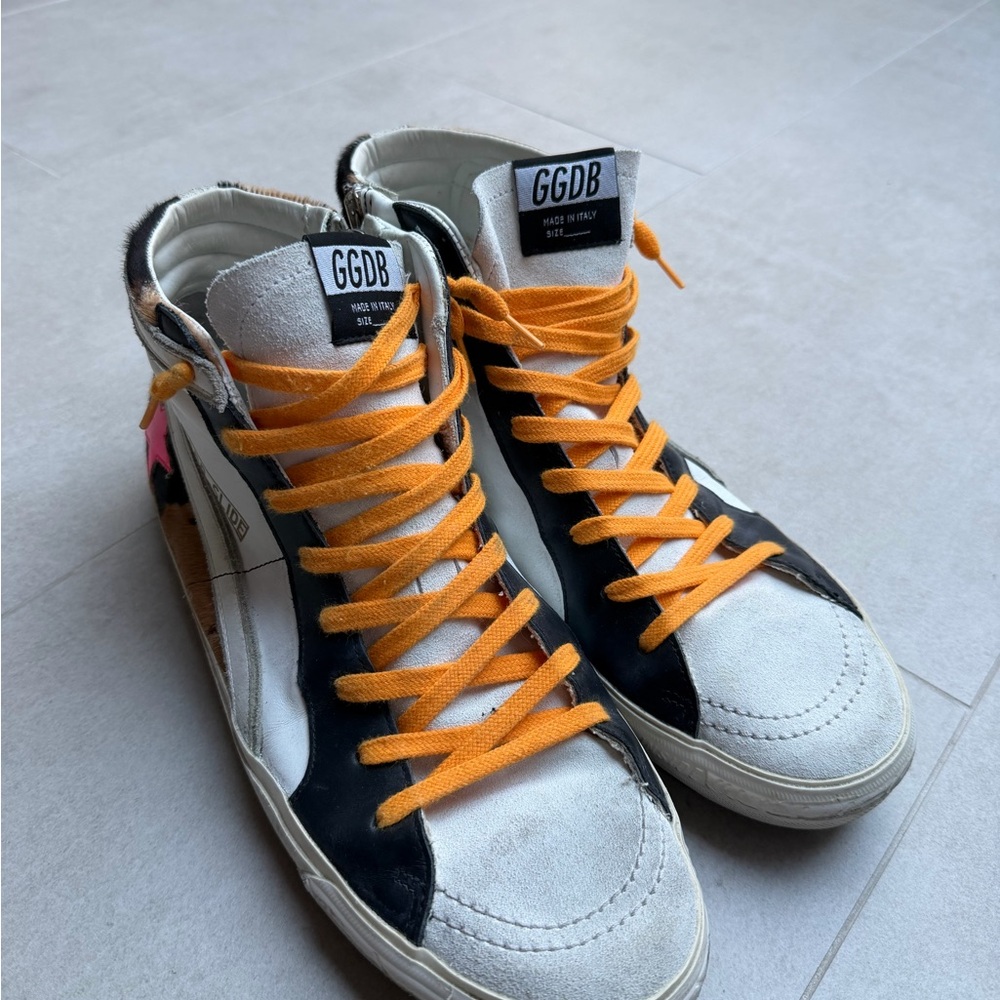 Golden Goose Men’s High-Top Sneakers - White, Black, Pink, Orange Size 45 - Picture 4 of 7